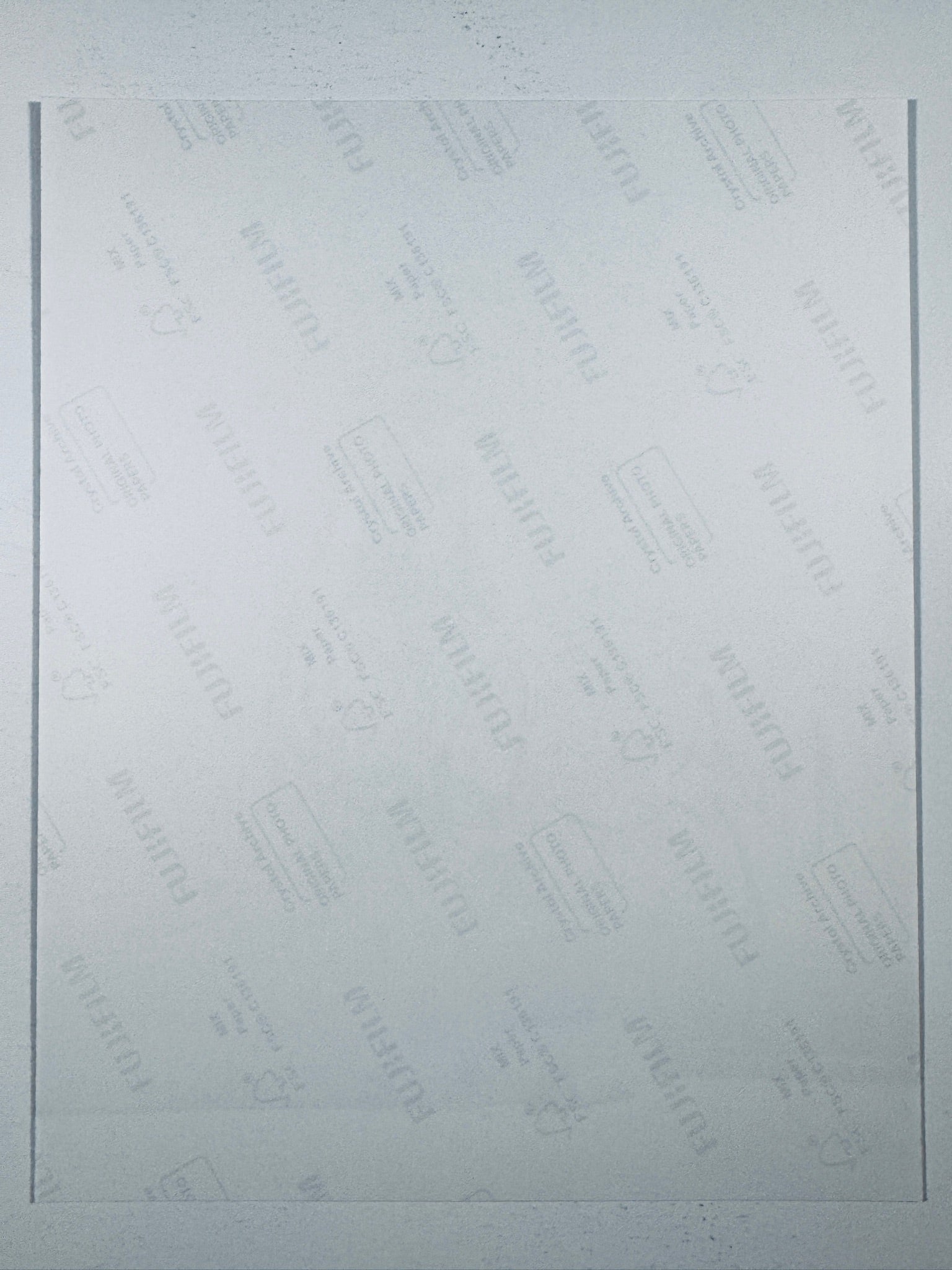 The plain white reverse side representing the back physical condition of the photograph print, showing translucent Fujifilm crystal archive paper watermarks and logos.