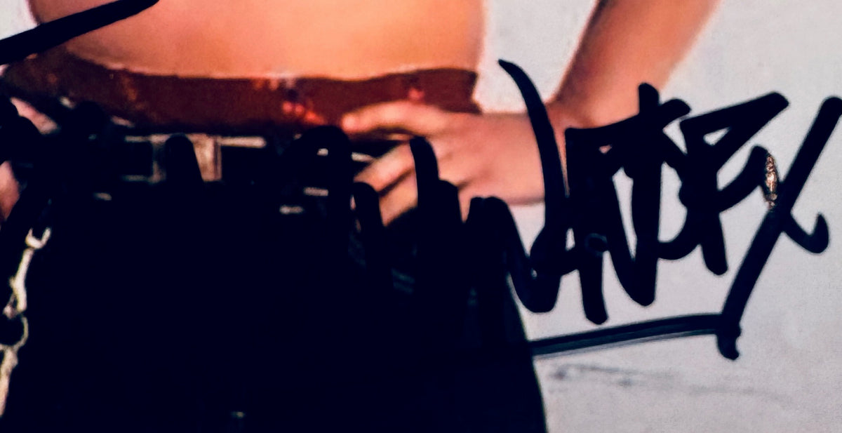 Close-up detail view of NOFX frontman Fat Mike's signature signed in bold black marker along the bottom of the promotional photo.