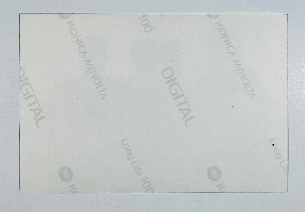 Reverse side of original color photo print showing Konica Minolta Digital Long Life 100 paper watermark backprint.