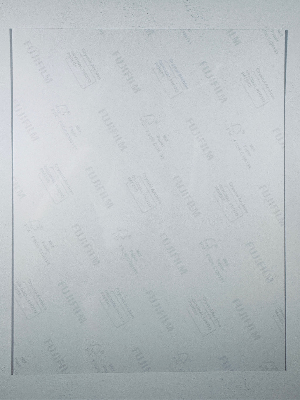 The plain white reverse side representing the back physical condition of the photograph print, showing translucent Fujifilm crystal archive paper watermarks and logos.