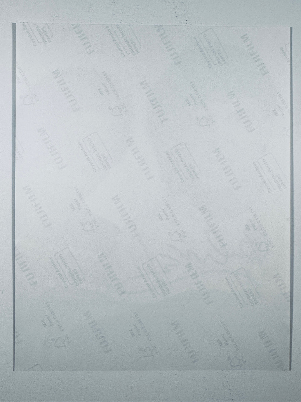 The plain white reverse side representing the back physical condition of the photograph print, showing translucent Fujifilm crystal archive paper watermarks and logos.