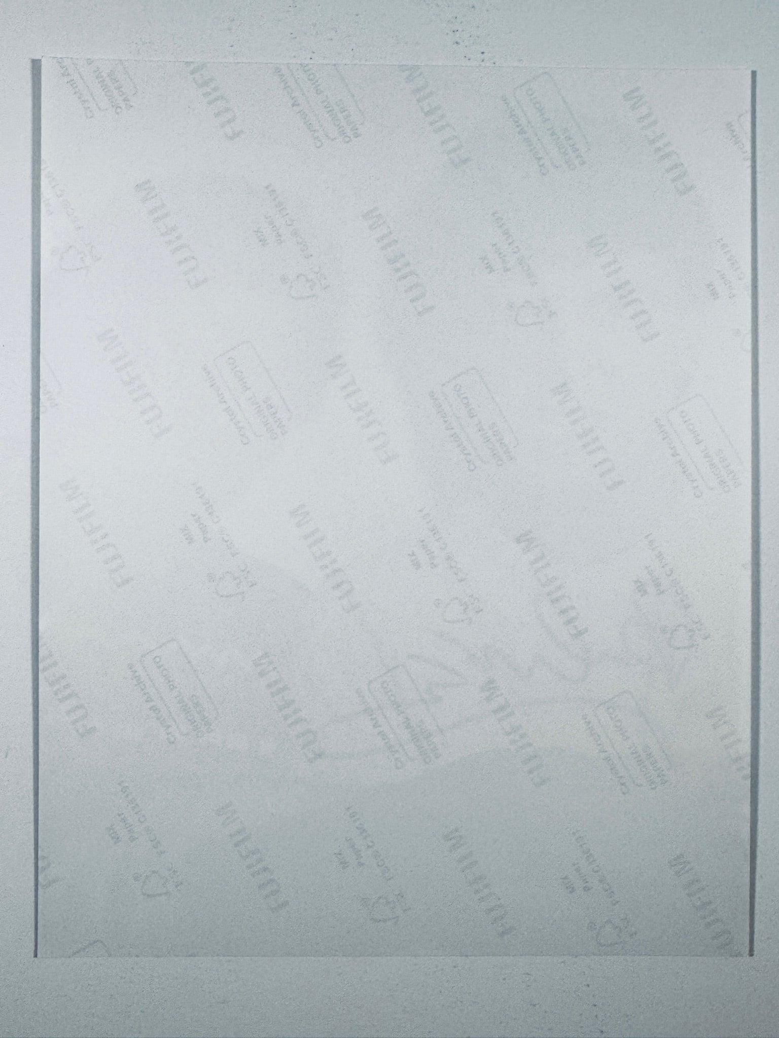 The plain white reverse side representing the back physical condition of the photograph print, showing translucent Fujifilm crystal archive paper watermarks and logos.