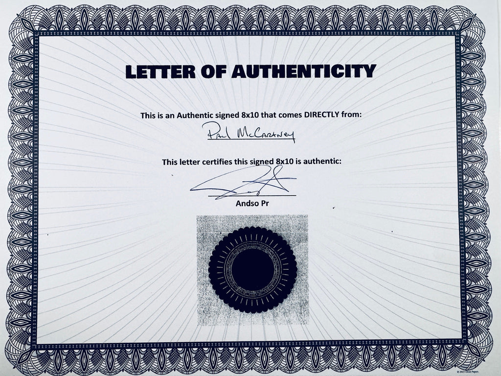 A Letter of Authenticity with a decorative blue-patterned border, certifying an authentic signed 8x10 coming directly from Paul McCartney, featuring a dark circular seal graphic at the bottom.