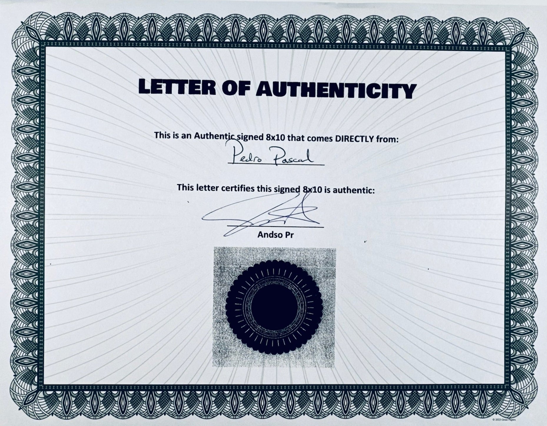 Authenticity document for the Pedro Pascal hand-signed photograph.