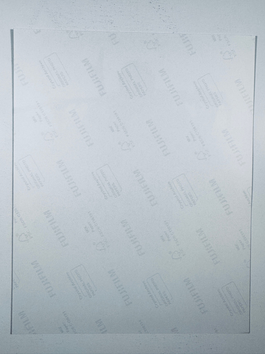 The plain white reverse side representing the back physical condition of the photograph print, showing translucent Fujifilm crystal archive paper watermarks and logos.