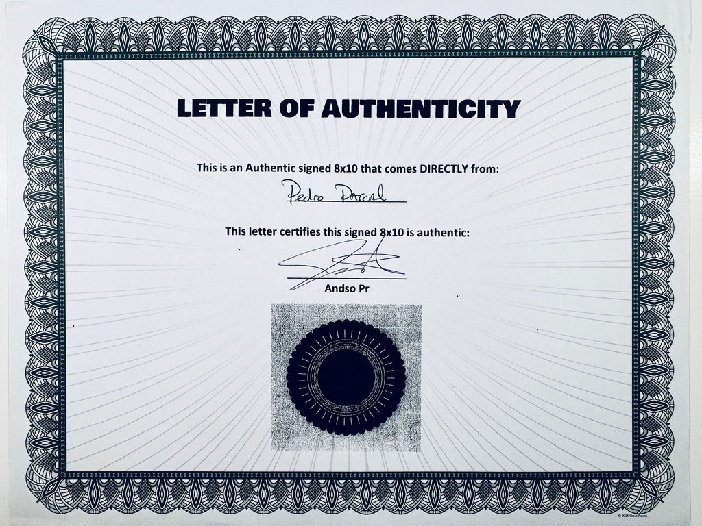 A Letter of Authenticity with a decorative blue-patterned border, certifying an authentic signed 8x10 coming directly from Pedro Pascal, featuring a dark circular seal graphic at the bottom.