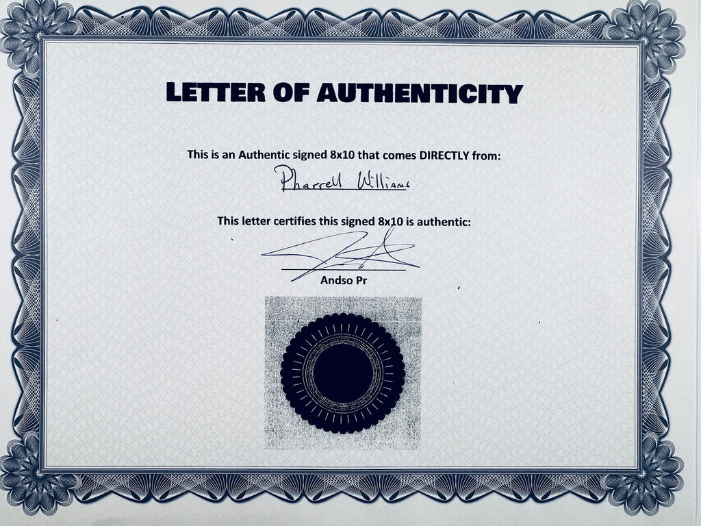 A Letter of Authenticity with a decorative blue-patterned border, certifying an authentic signed 8x10 coming directly from Pharrell Williams, featuring a dark circular seal graphic at the bottom.
