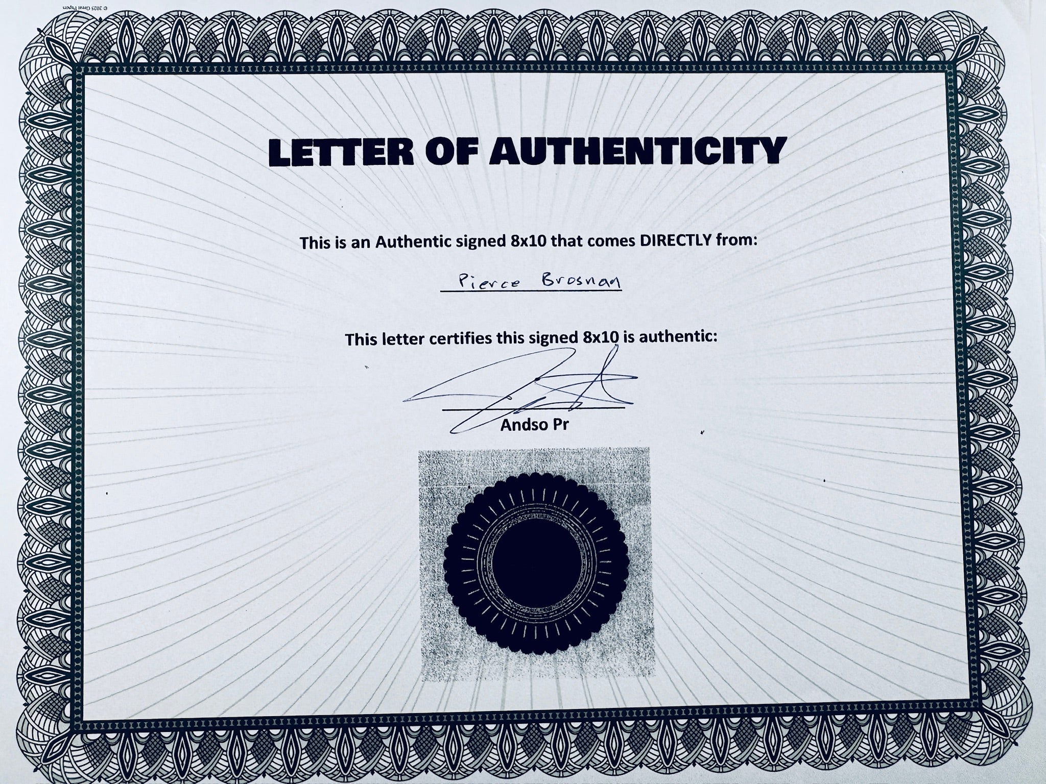 Certificate of Authenticity for Pierce Brosnan James Bond hand-signed 8x10 matte photo.