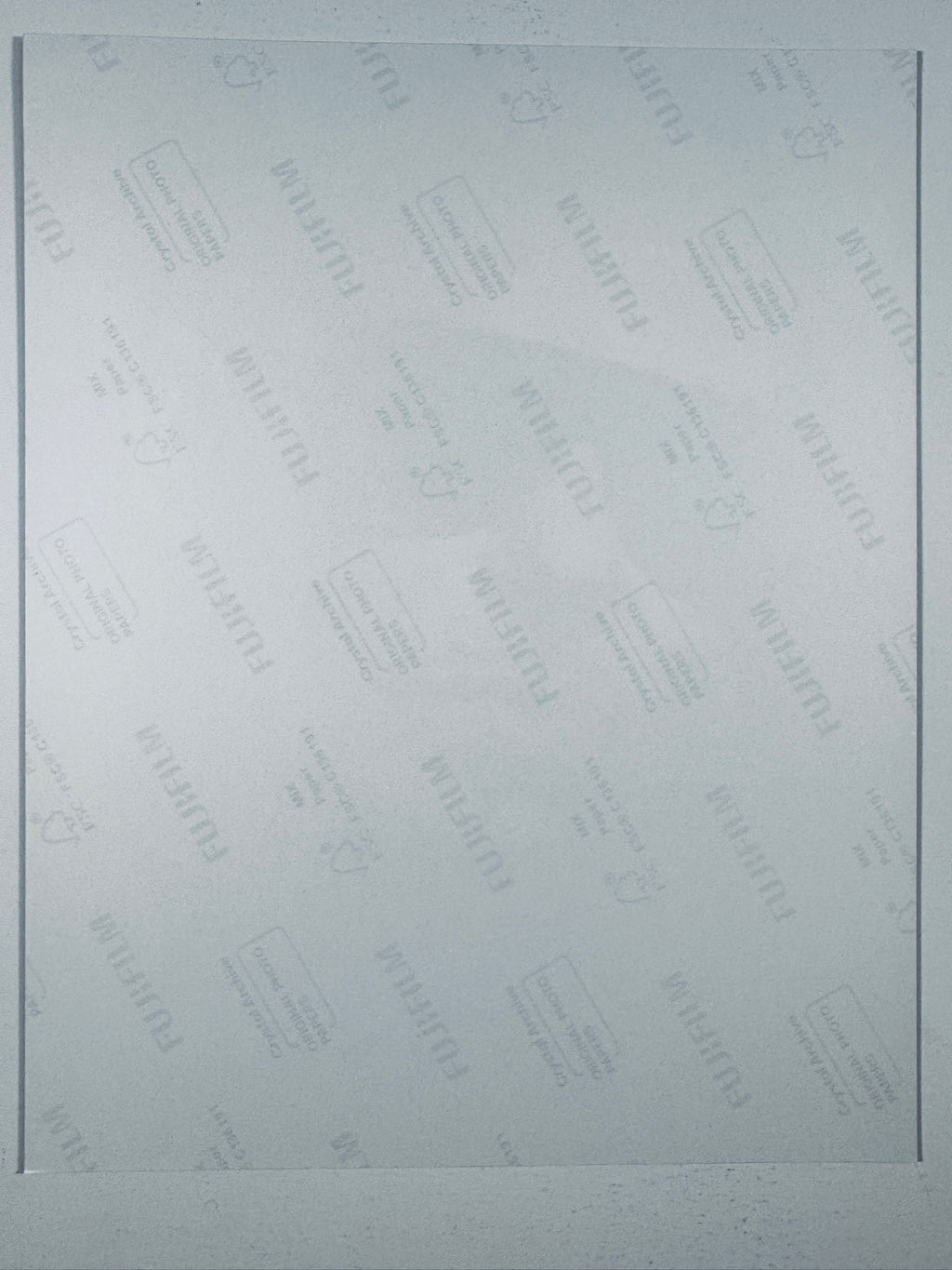 The plain white reverse side representing the back physical condition of the photograph print, showing translucent Fujifilm crystal archive paper watermarks and logos.