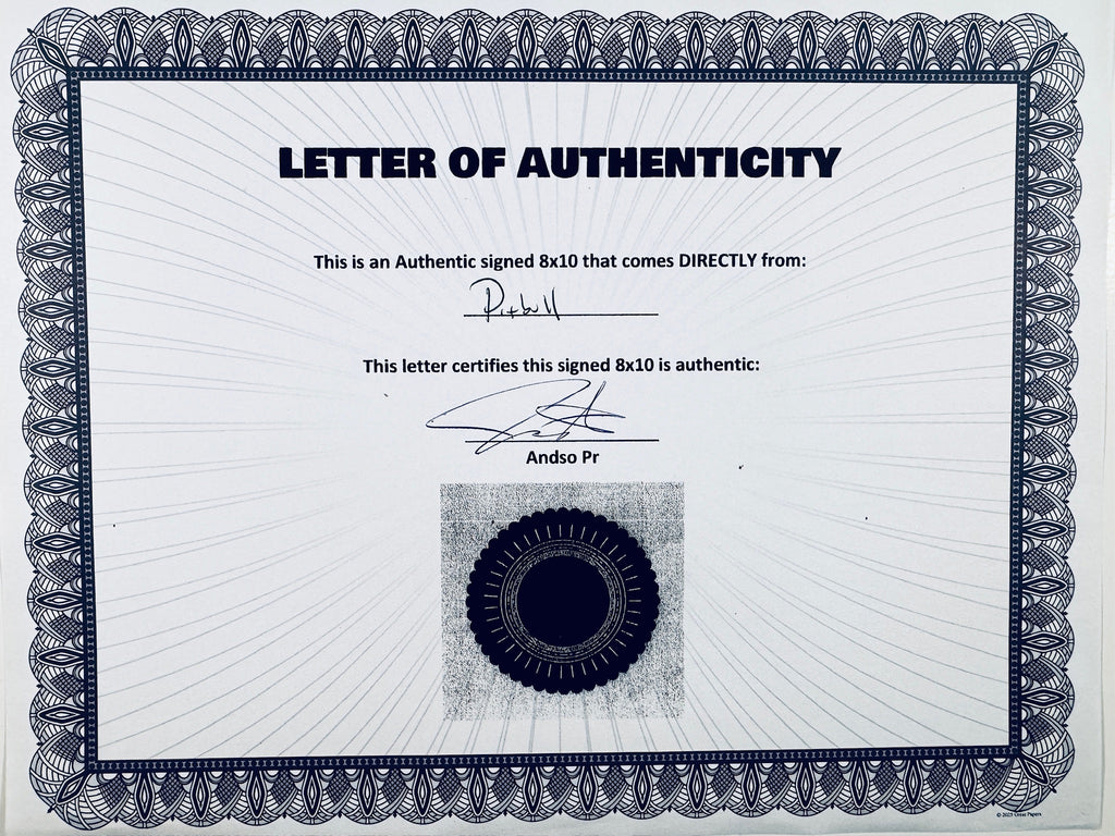 A Letter of Authenticity with a decorative blue-patterned border, certifying an authentic signed 8x10 coming directly from Pitbull, featuring a dark circular seal graphic at the bottom.