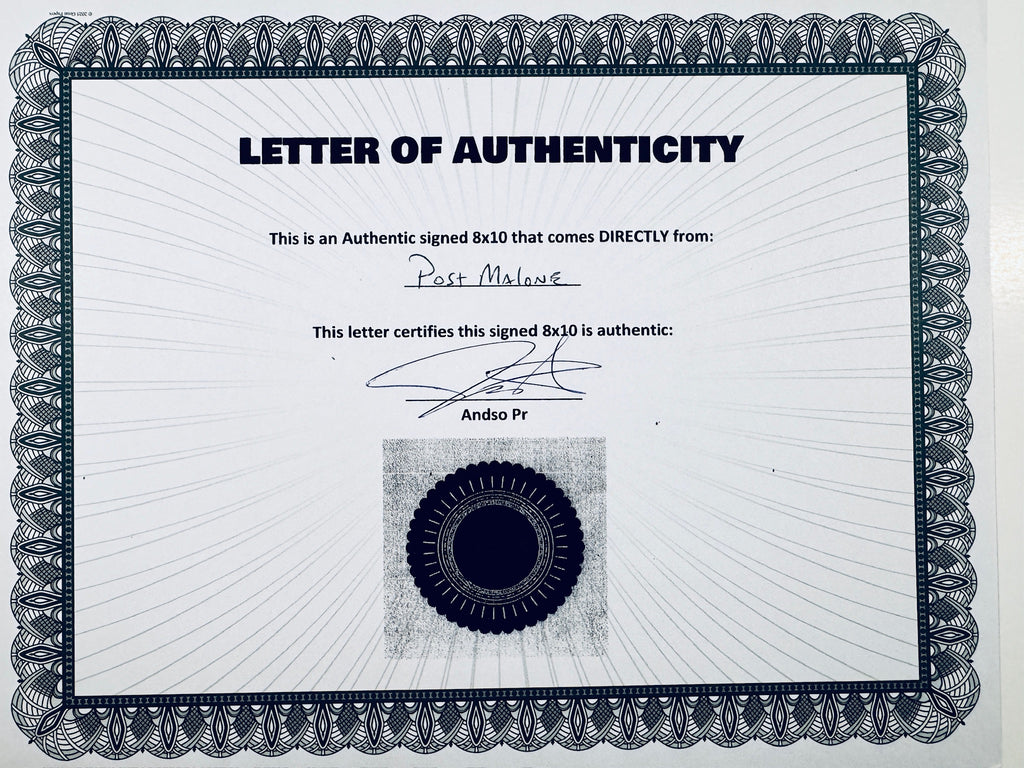 A Letter of Authenticity with a decorative blue-patterned border, certifying an authentic signed 8x10 coming directly from Post Malone, featuring a dark circular seal graphic at the bottom.