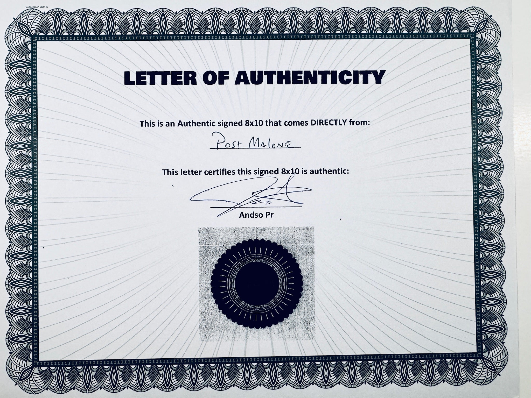 A Letter of Authenticity with a decorative blue-patterned border, certifying an authentic signed 8x10 coming directly from Post Malone, featuring a dark circular seal graphic at the bottom.