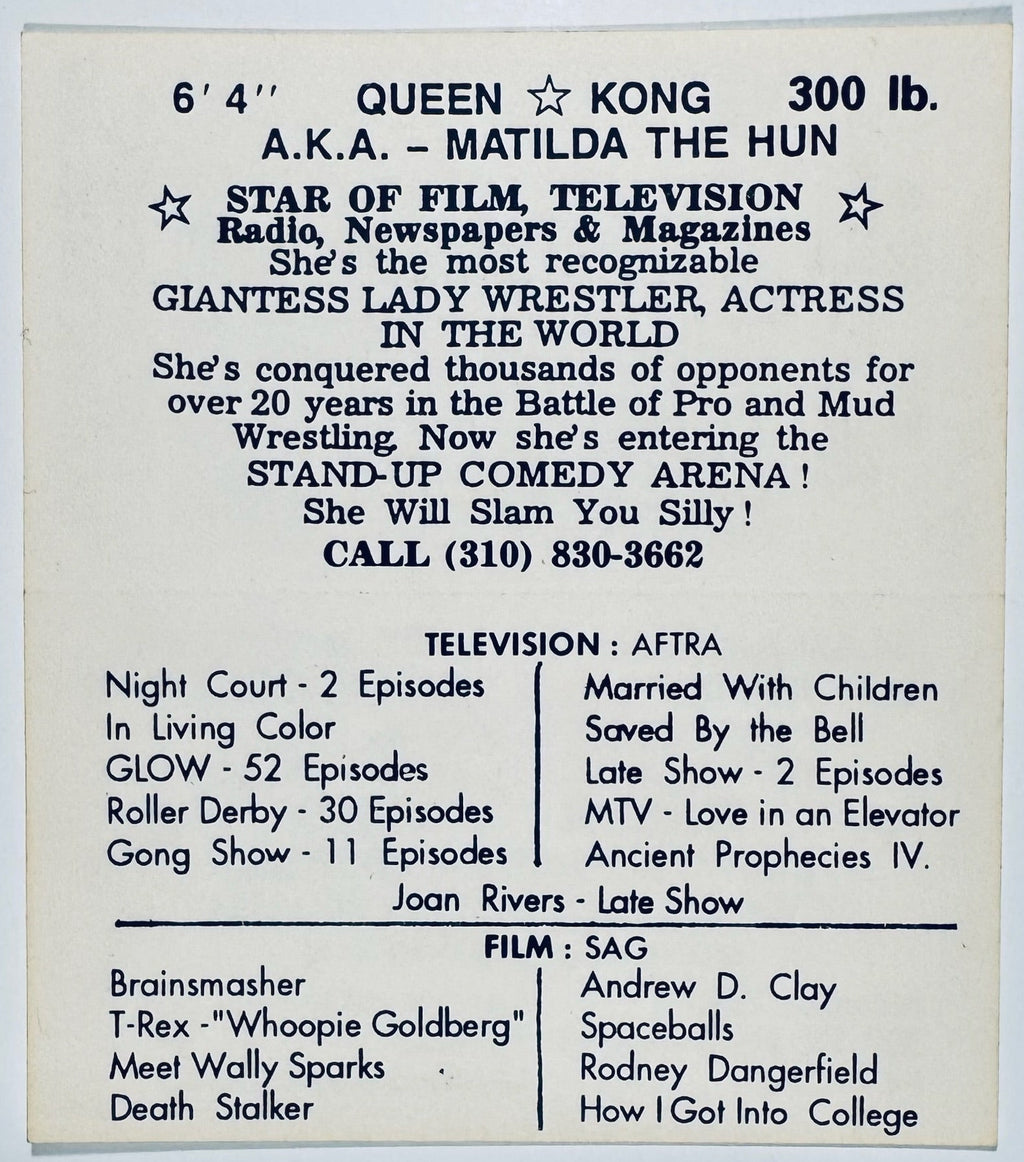 Back of Queen Kong Deanna Booher signed 4x3.5 autograph card