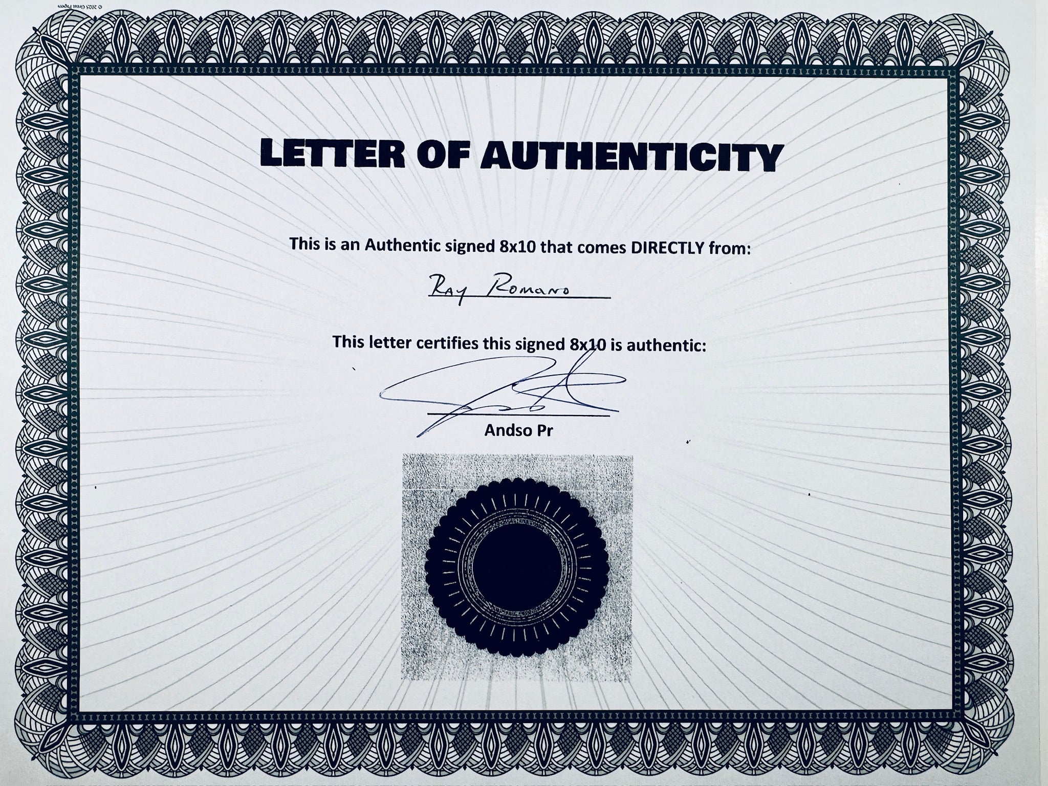 A Letter of Authenticity with a decorative blue-patterned border, certifying an authentic signed 8x10 coming directly from Ray Romano, featuring a dark circular seal graphic at the bottom.