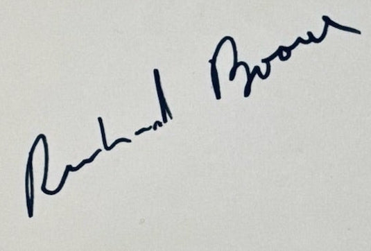 A clear, close-up view showing the authentic hand-signed signature of Richard Boone on a 3x5 index card.