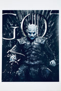Signed 8x10 matte photo of Richard Brake as The Night King sitting on the Iron Throne from Game of Thrones, featuring a bold silver ink autograph.