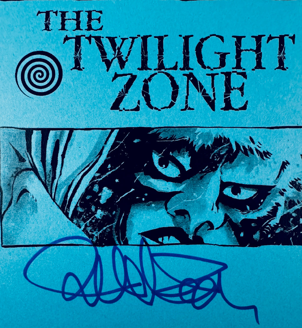 Close-up view of Richard Donnor hand-signed signature in blue marker on Twilight Zone print.