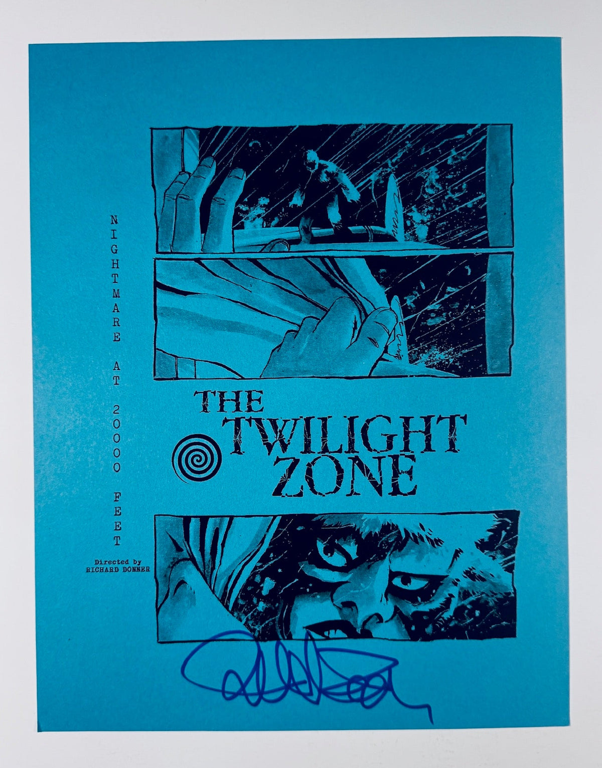 Full front view of blue Twilight Zone Nightmare at 20,000 Feet art print autographed by Richard Donnor.