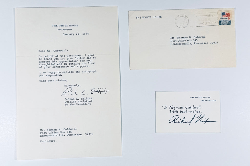Overview layout showing 1974 Richard Nixon autographed White House card, transmittal letter, and postmarked envelope.
