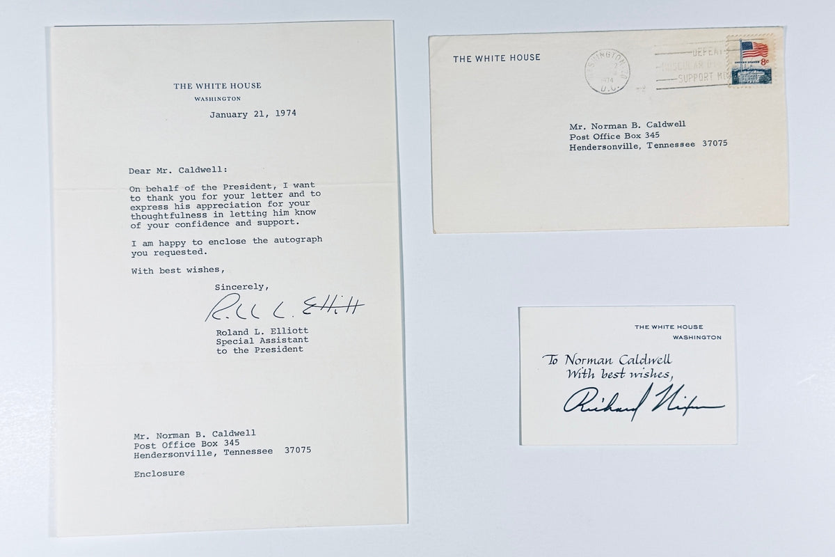 Overview layout showing 1974 Richard Nixon autographed White House card, transmittal letter, and postmarked envelope.