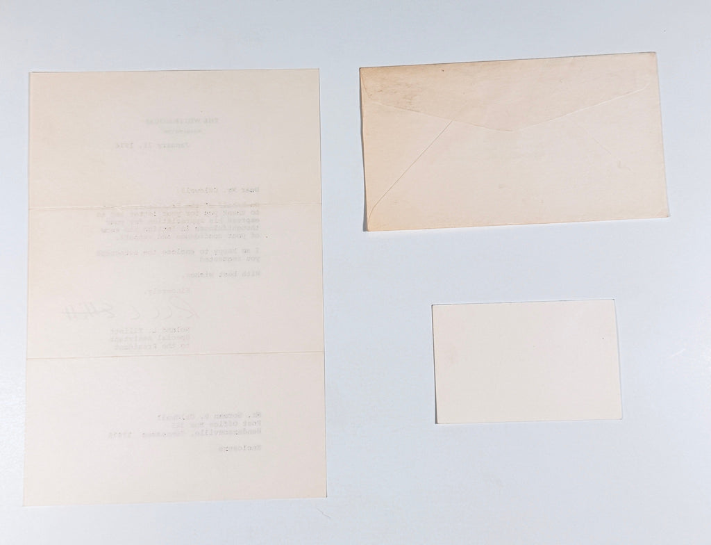 Back view showing the reverse side of the Richard Nixon White House card, letter, and mailing envelope.
