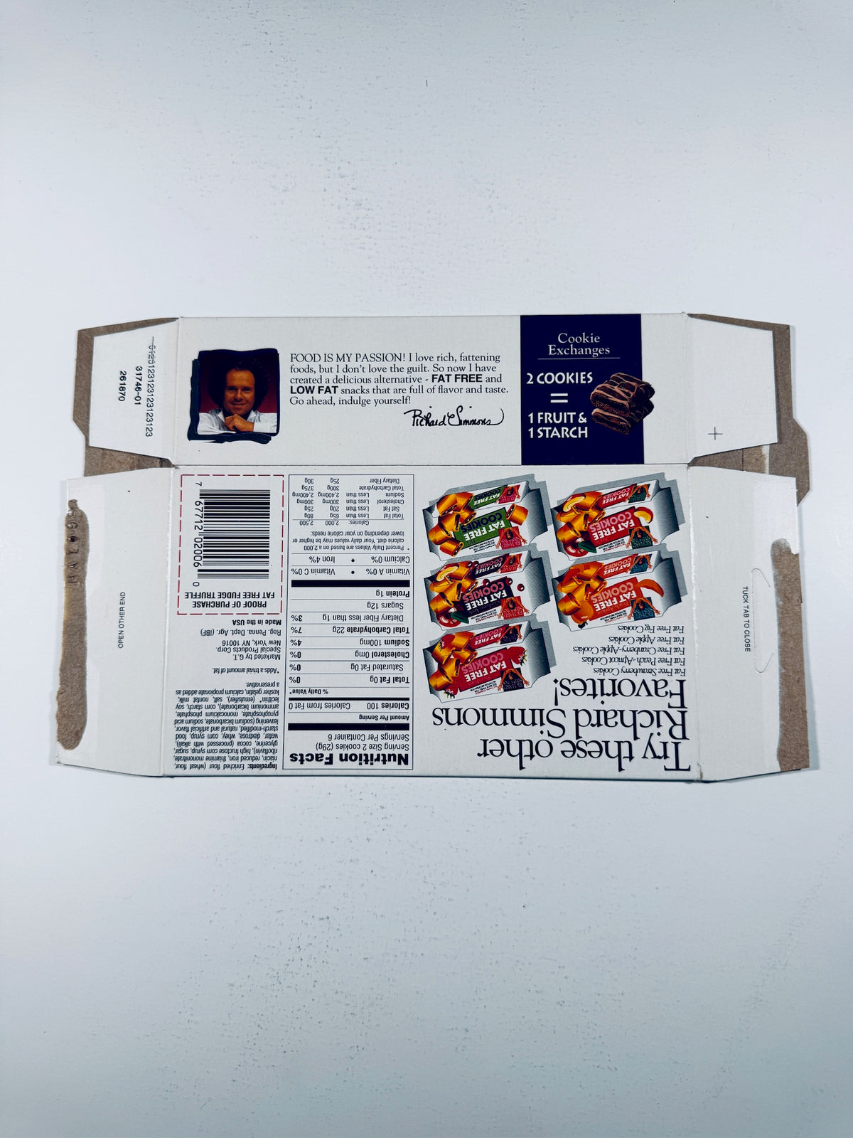 Back of flattened Richard Simmons Fudge Truffle Fat Free Cookies box displaying nutrition facts and product details.