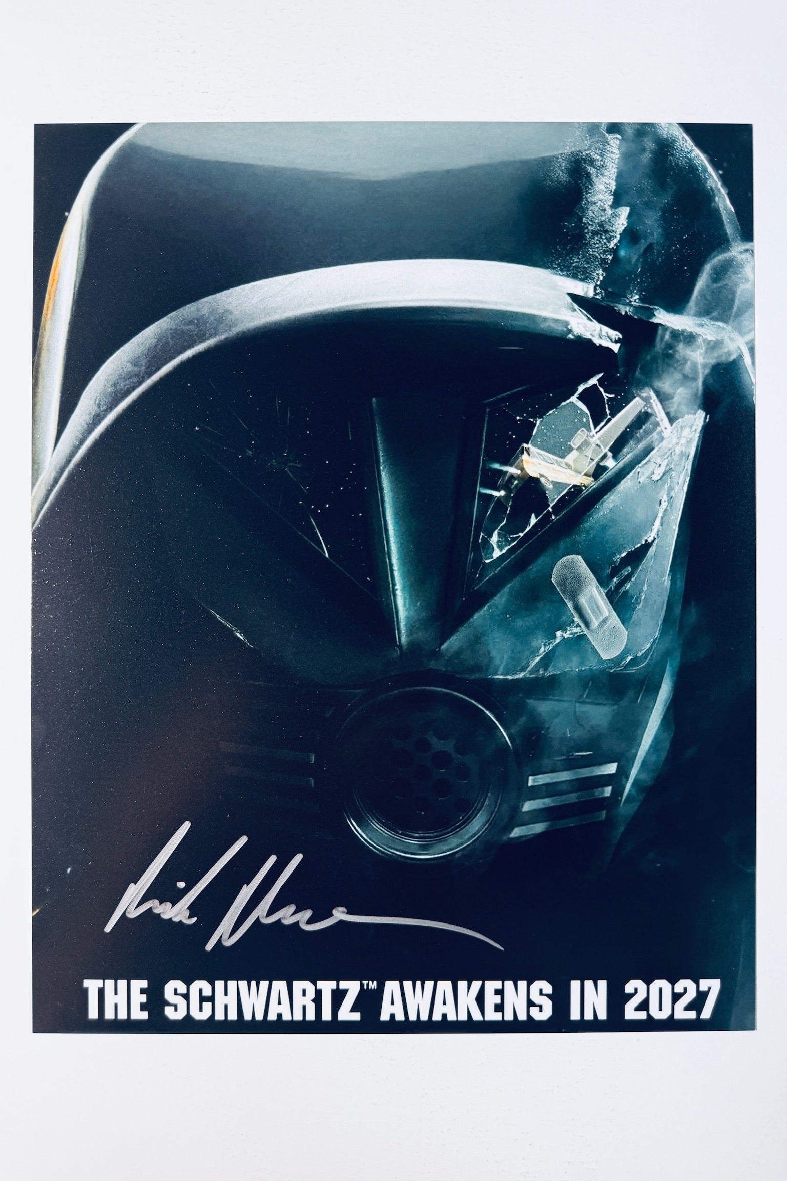 Rick Moranis hand-signed 8x10 matte photo featuring Dark Helmet from the upcoming Spaceballs sequel, Spaceballs: The New One, with the tagline The Schwartz Awakens in 2027.