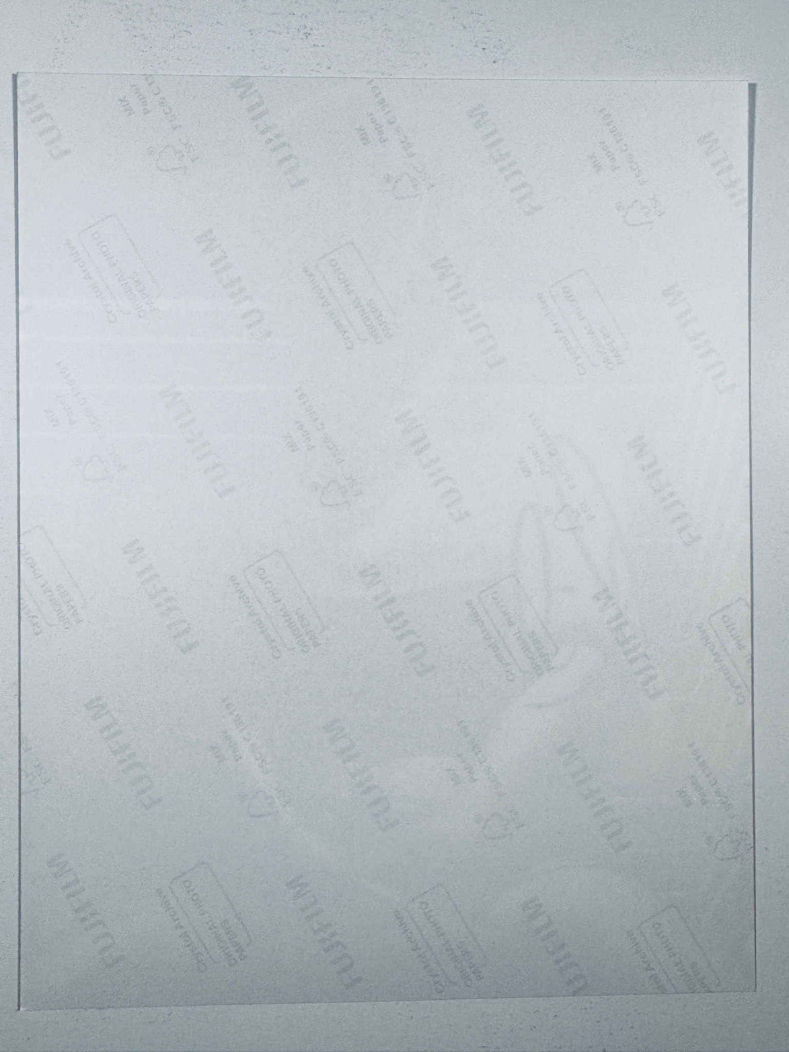 The plain white reverse side representing the back physical condition of the photograph print, showing translucent Fujifilm crystal archive paper watermarks and logos.