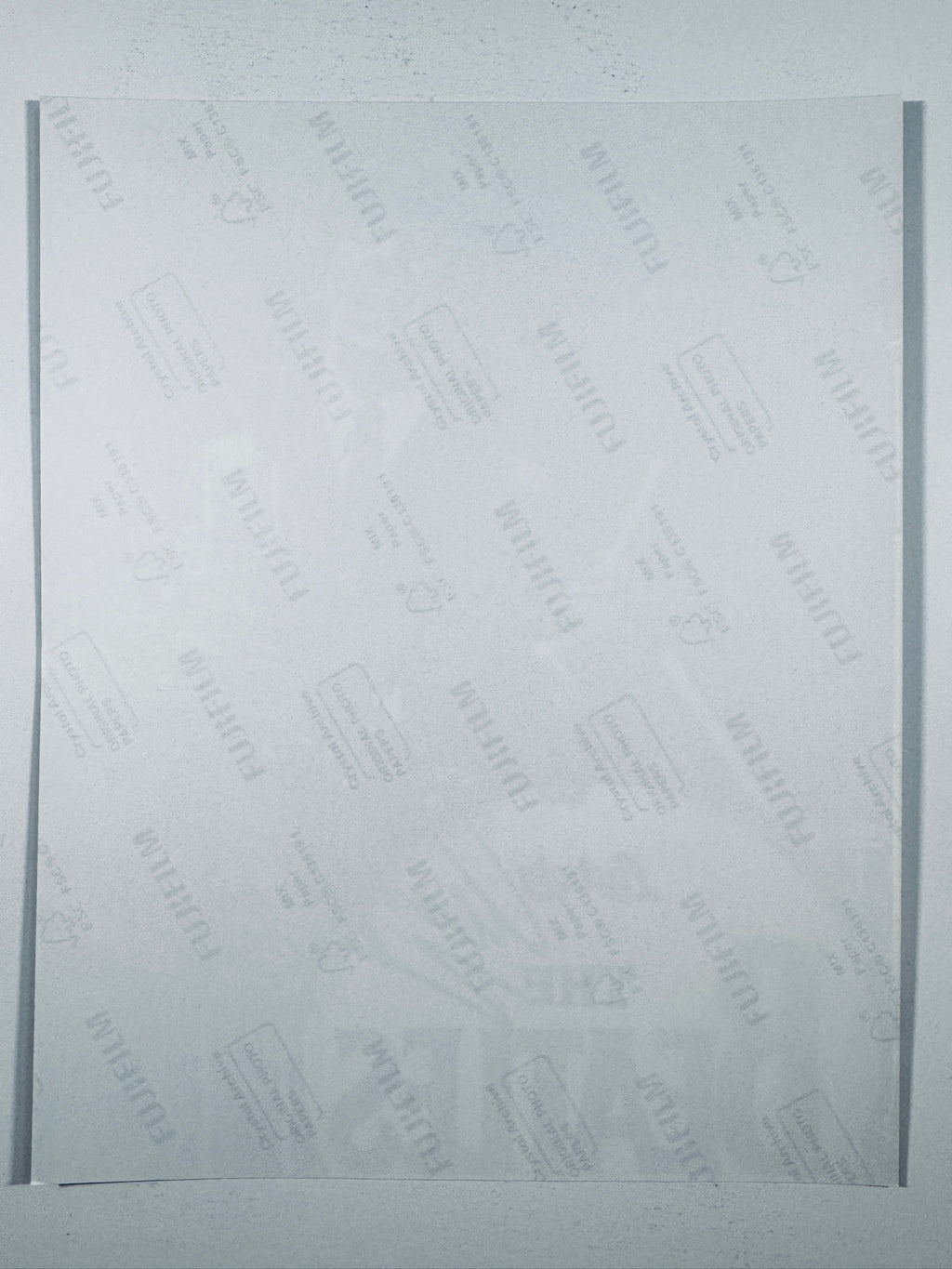 The plain white reverse side representing the back physical condition of the photograph print, showing translucent Fujifilm crystal archive paper watermarks and logos.