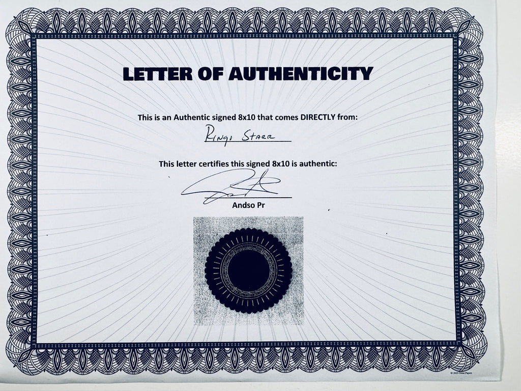 A Letter of Authenticity with a decorative blue-patterned border, certifying an authentic signed 8x10 coming directly from Ringo Starr, featuring a dark circular seal graphic at the bottom.