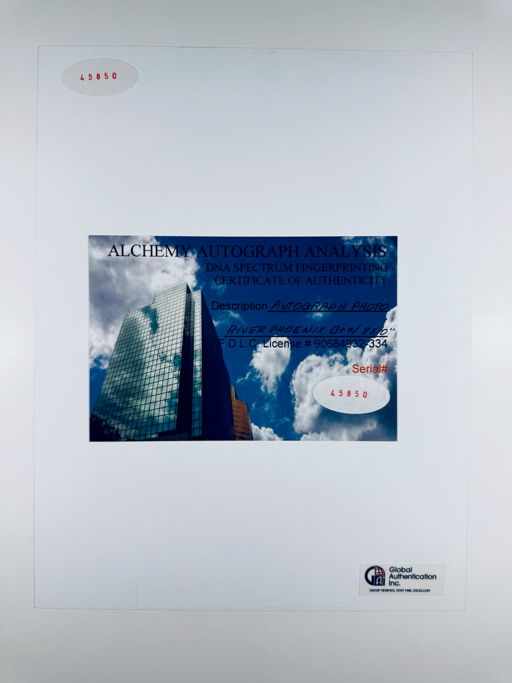 Alchemy Autograph Analysis Certificate of Authenticity card serial number 45850 for River Phoenix autographed photo.