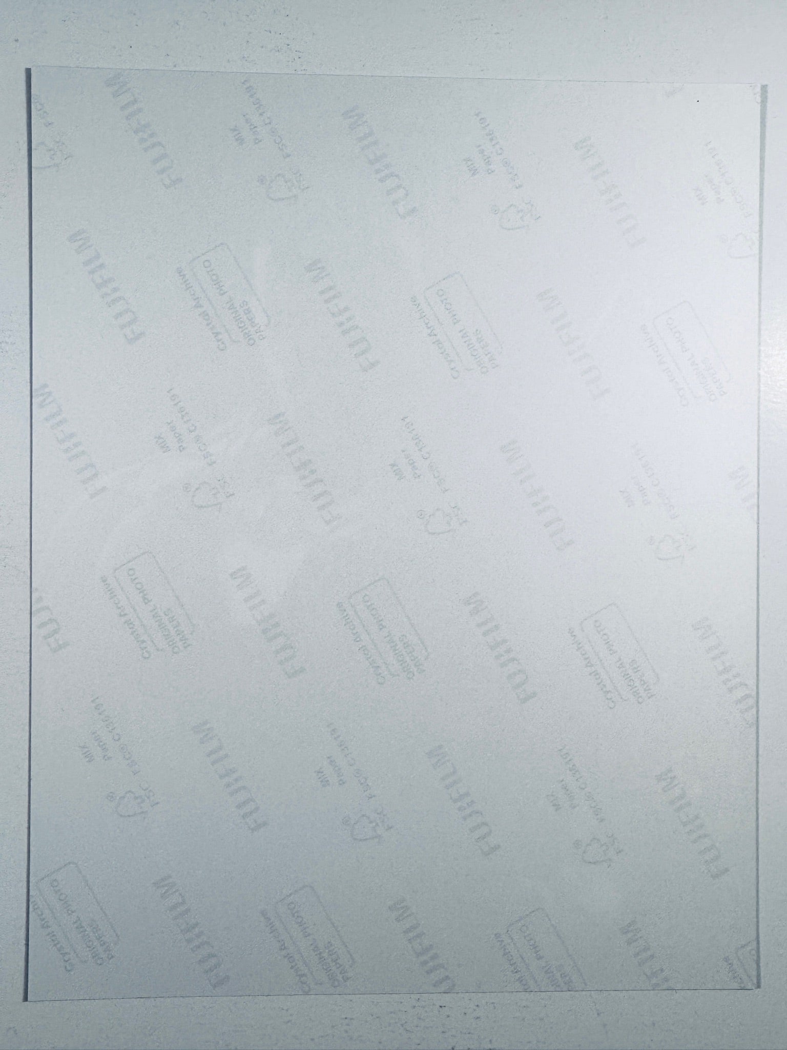 The plain white reverse side representing the back physical condition of the photograph print, showing translucent Fujifilm crystal archive paper watermarks and logos.