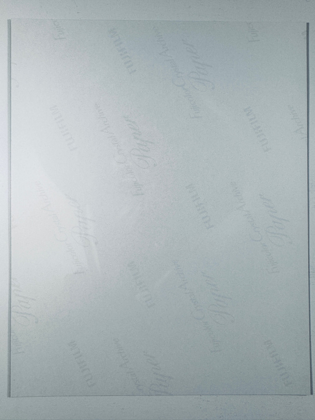 The plain white reverse side of a photographic print showing faint translucent watermark patterns and repeating Fujifilm paper logos.