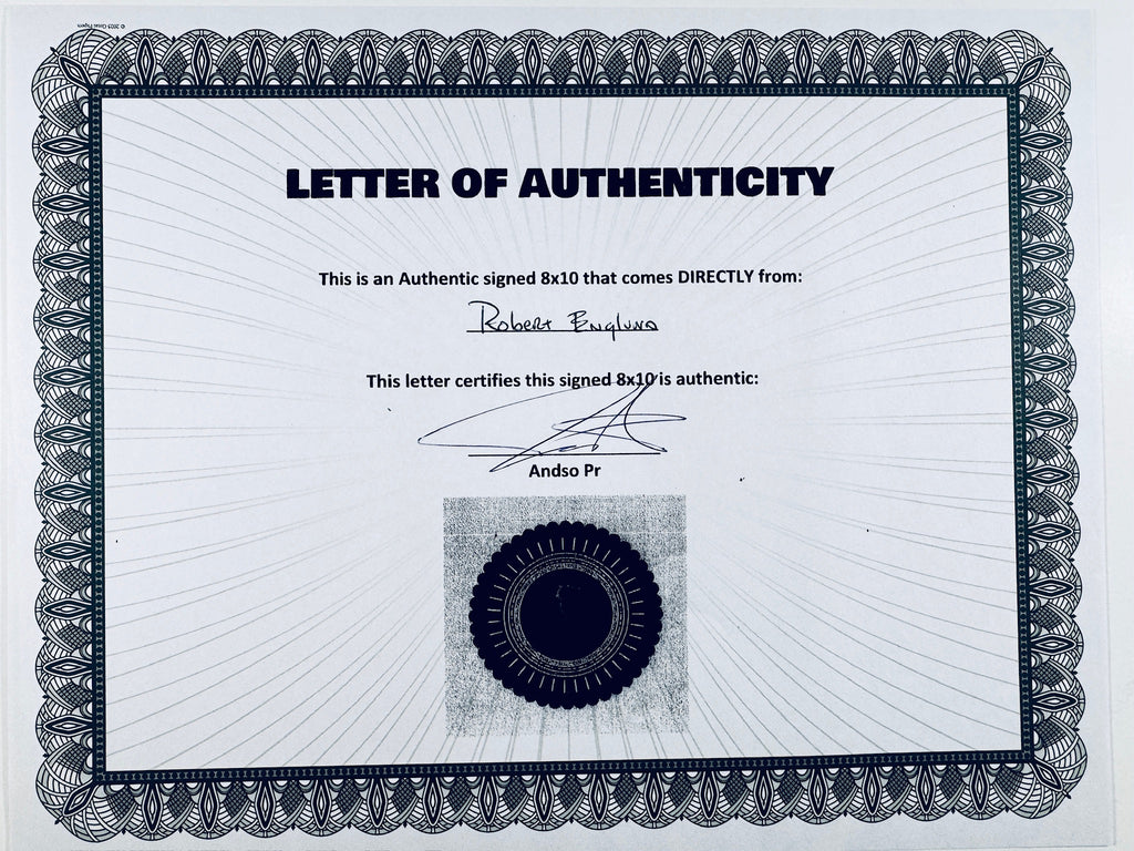 A Certificate of Authenticity featuring a decorative blue-patterned border, text certifying an authentic signed 8x10 from Robert Englund with mention of a COA, a signature, and a dark circular seal graphic at the bottom center.