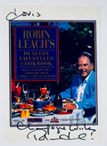 Full front view of autographed Robin Leach's Healthy Lifestyles Cookbook promo card with signature and inscription.