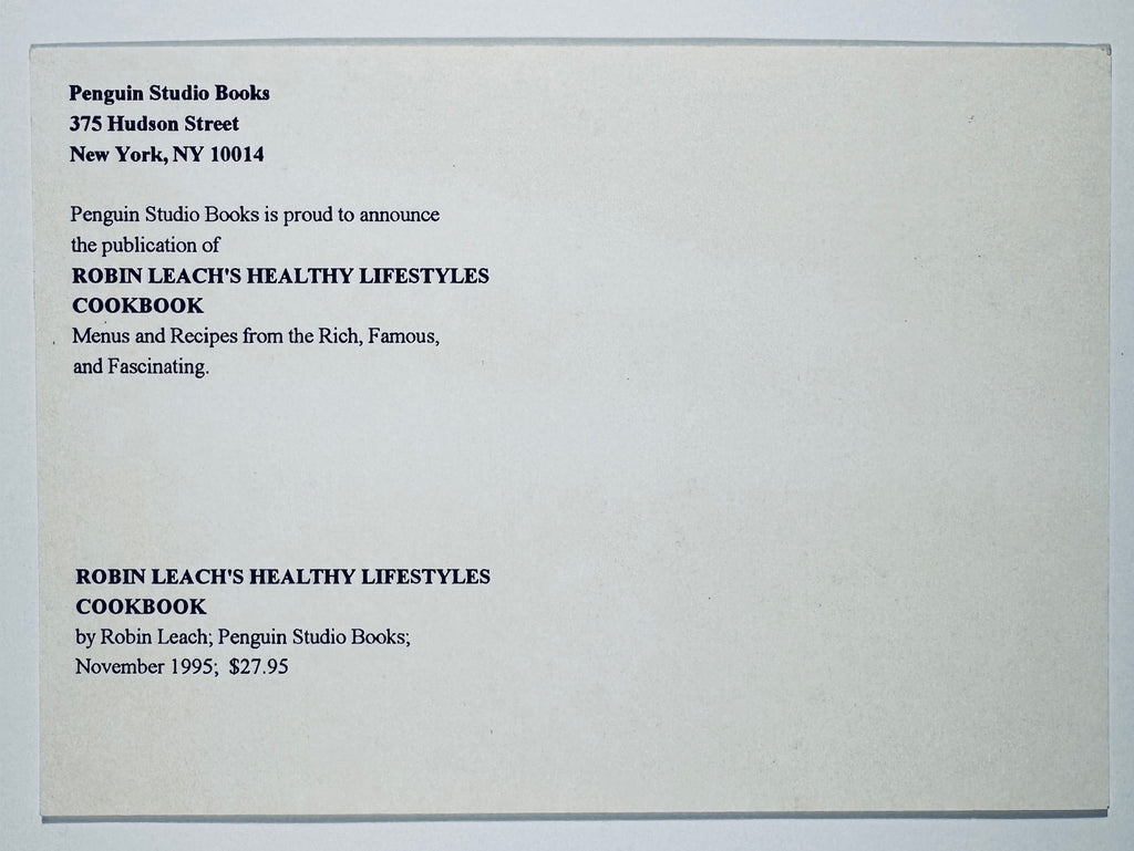Reverse side of promotional card with Penguin Studio Books publication text for Robin Leach's Healthy Lifestyles Cookbook.