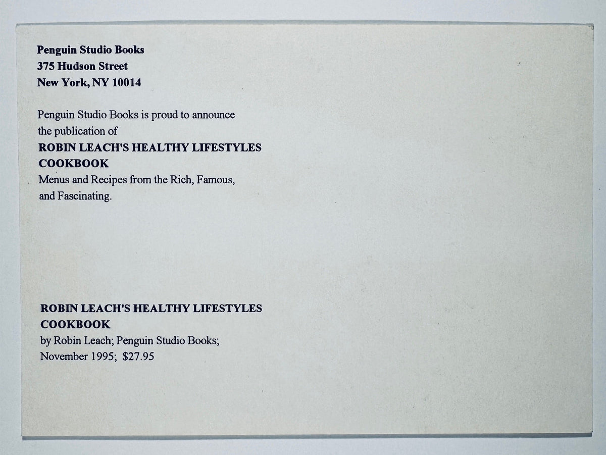 Reverse side of promotional card with Penguin Studio Books publication text for Robin Leach's Healthy Lifestyles Cookbook.