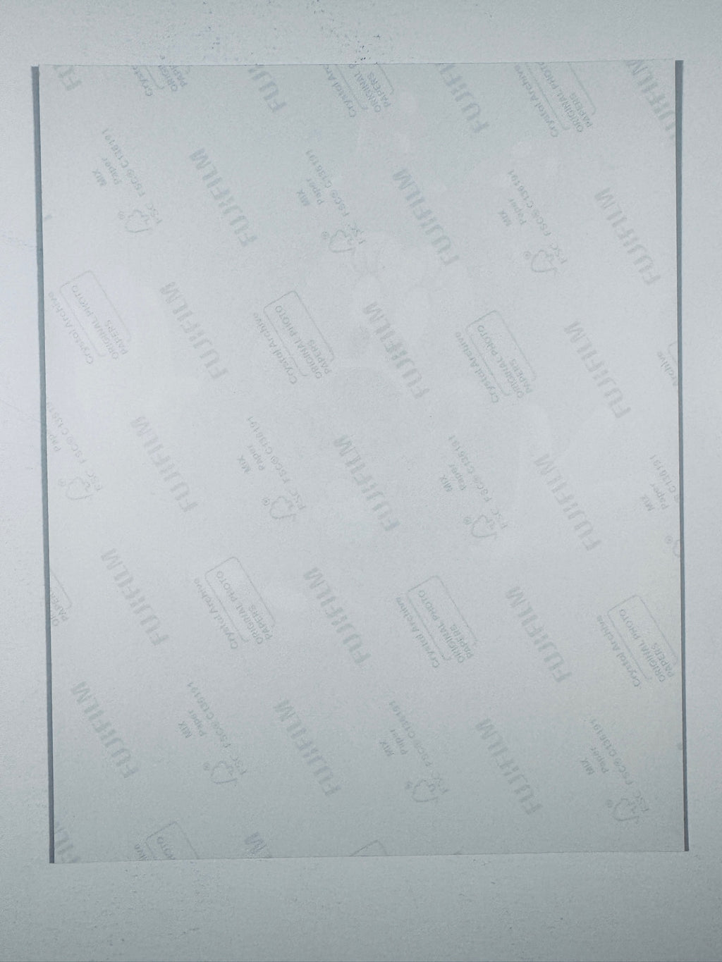 The plain white reverse side of a photographic print showing translucent Fujifilm crystal archive paper watermarks and logos.