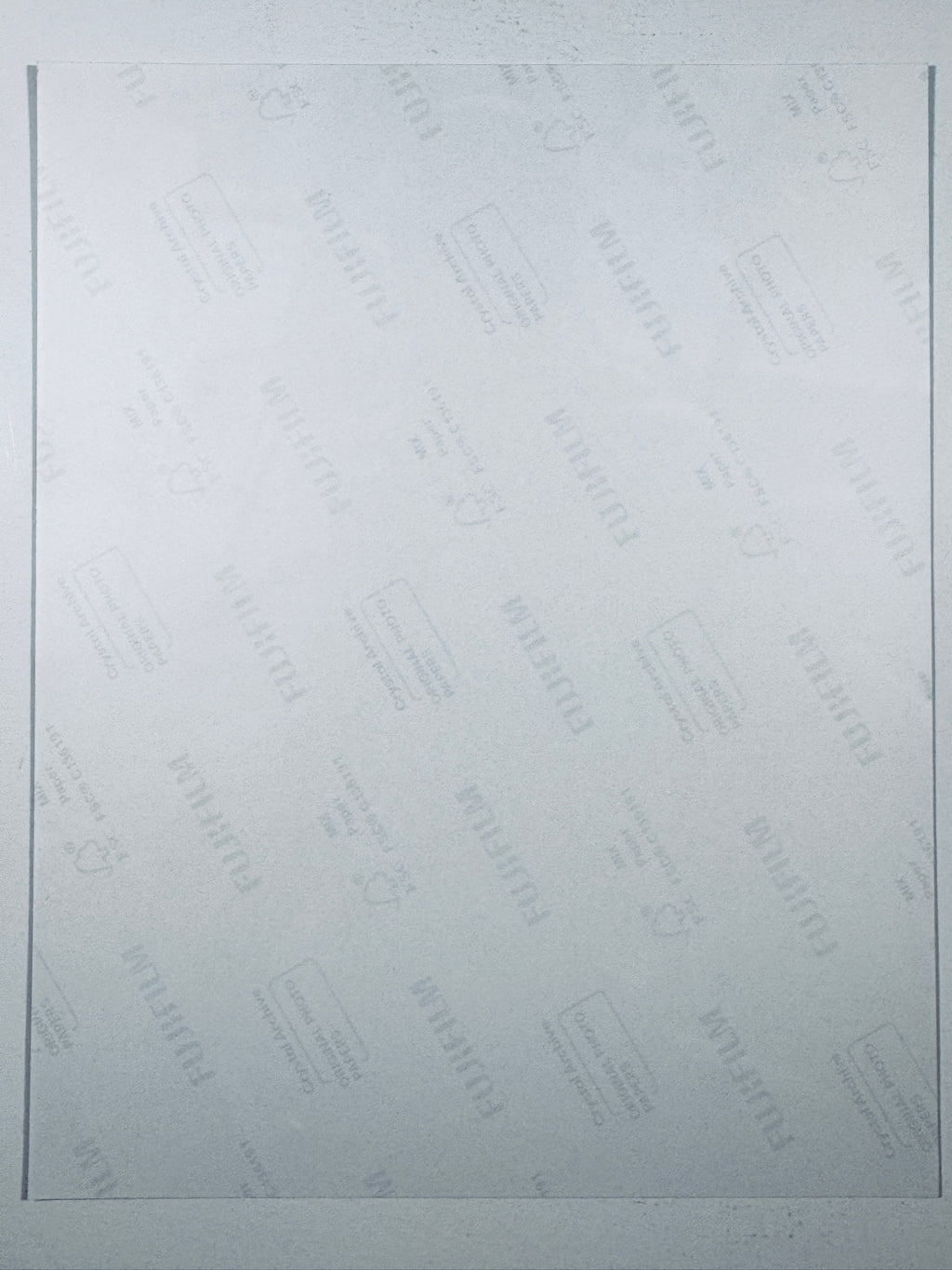 The plain white reverse side representing the back physical condition of the photograph print, showing translucent Fujifilm crystal archive paper watermarks and logos.
