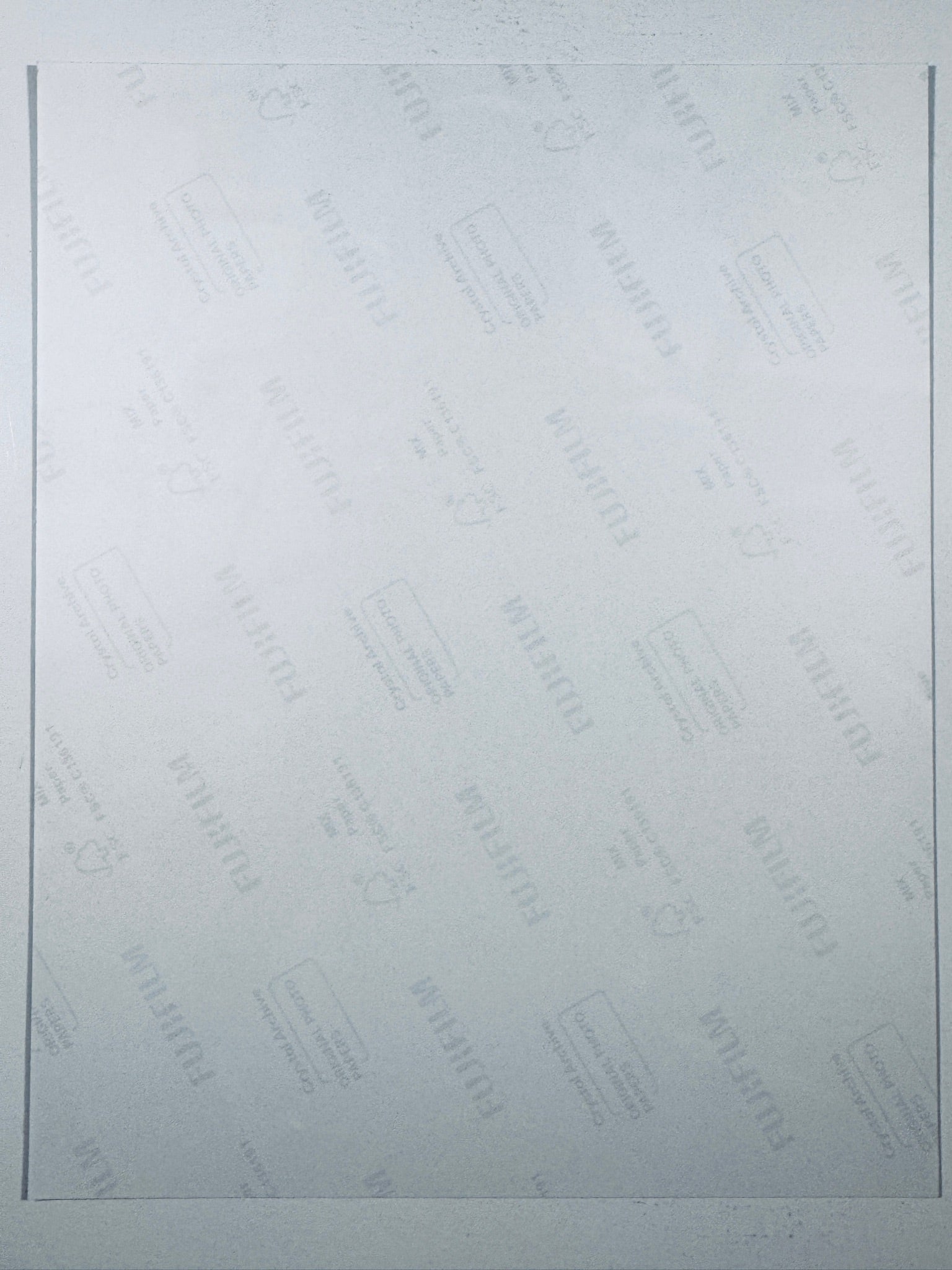 The plain white reverse side representing the back physical condition of the photograph print, showing translucent Fujifilm crystal archive paper watermarks and logos.