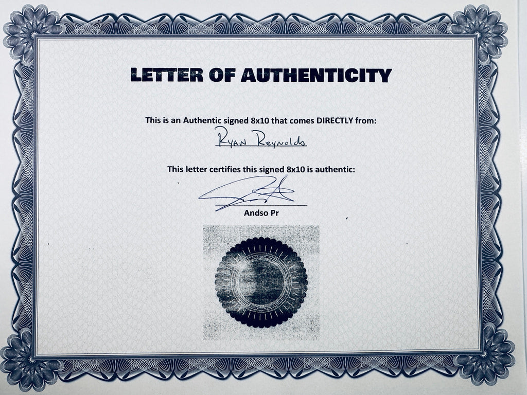 A Letter of Authenticity with a decorative blue-patterned border, certifying an authentic signed 8x10 coming directly from Ryan Reynolds, featuring a dark circular seal graphic at the bottom.