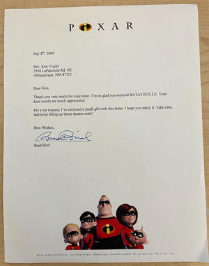 Brad Bird Signed autograph 8.5x11 on official Incredibles Pixar Animation Letter