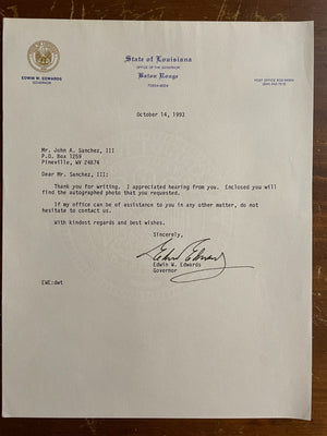 Edwin W. Edwards Signed Autograph Signature Typed Official Letterhead
