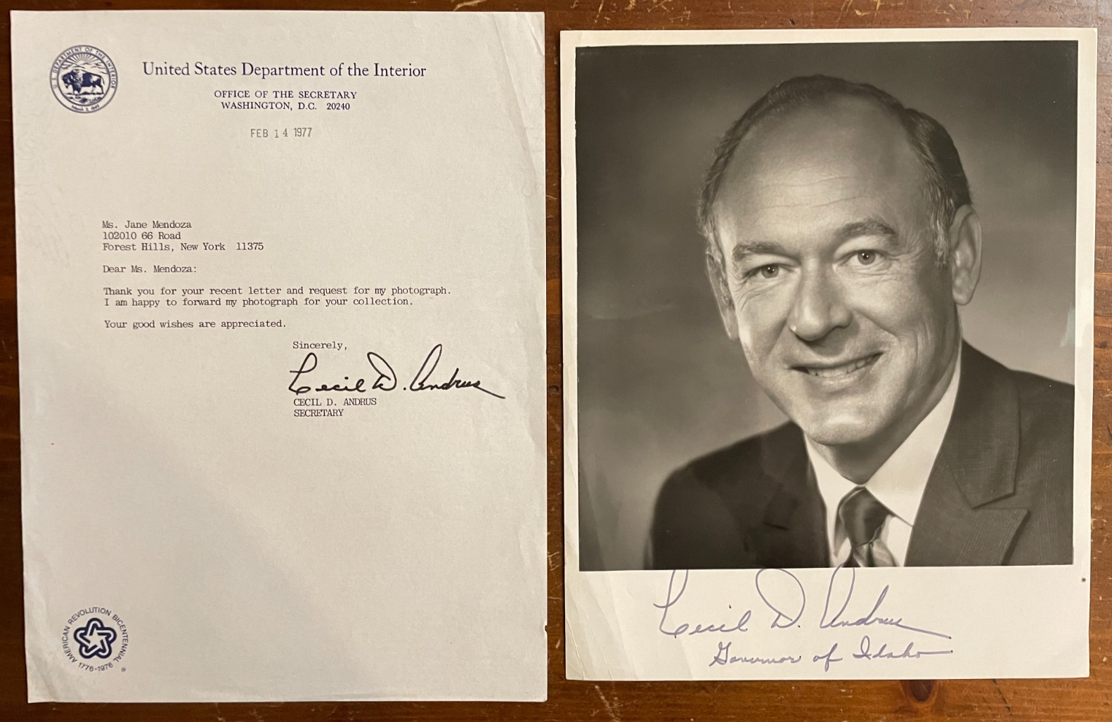 Cecil D. Andrus Signed Autograph Signature on Typed Official Letterhead + 8x10