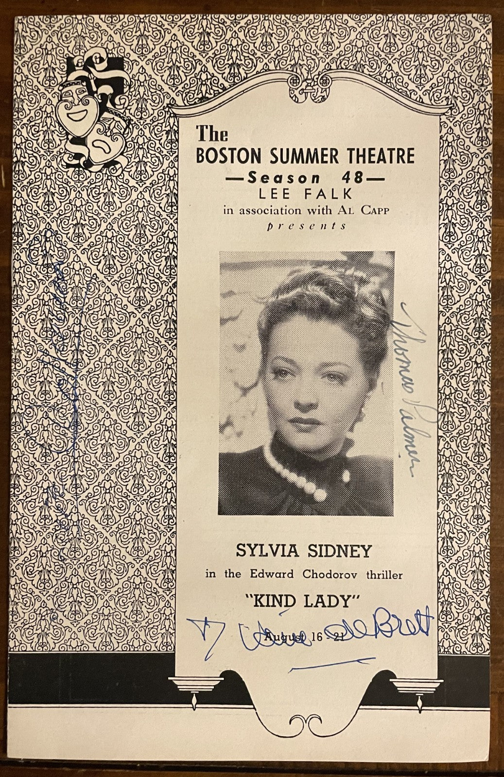 Jerome Collamore, Thomas Palmer, Diane DeBrett Signed Playbill The Kind Lady