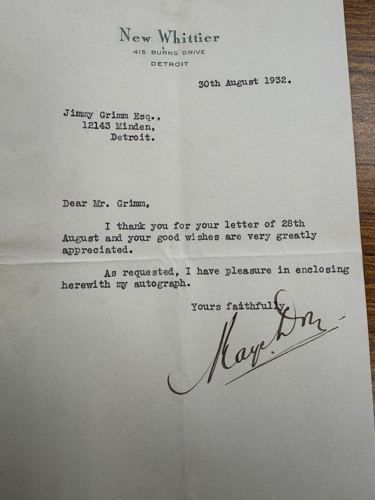 Kaye Don Signed Autograph Signature on Official New Whittier 1932 Letterhead
