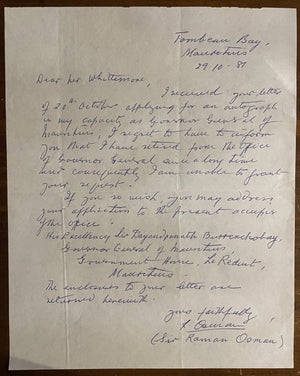 Sir Abdool Raman Mahomed Osman Handwritten & Signed Letter Mauritian history
