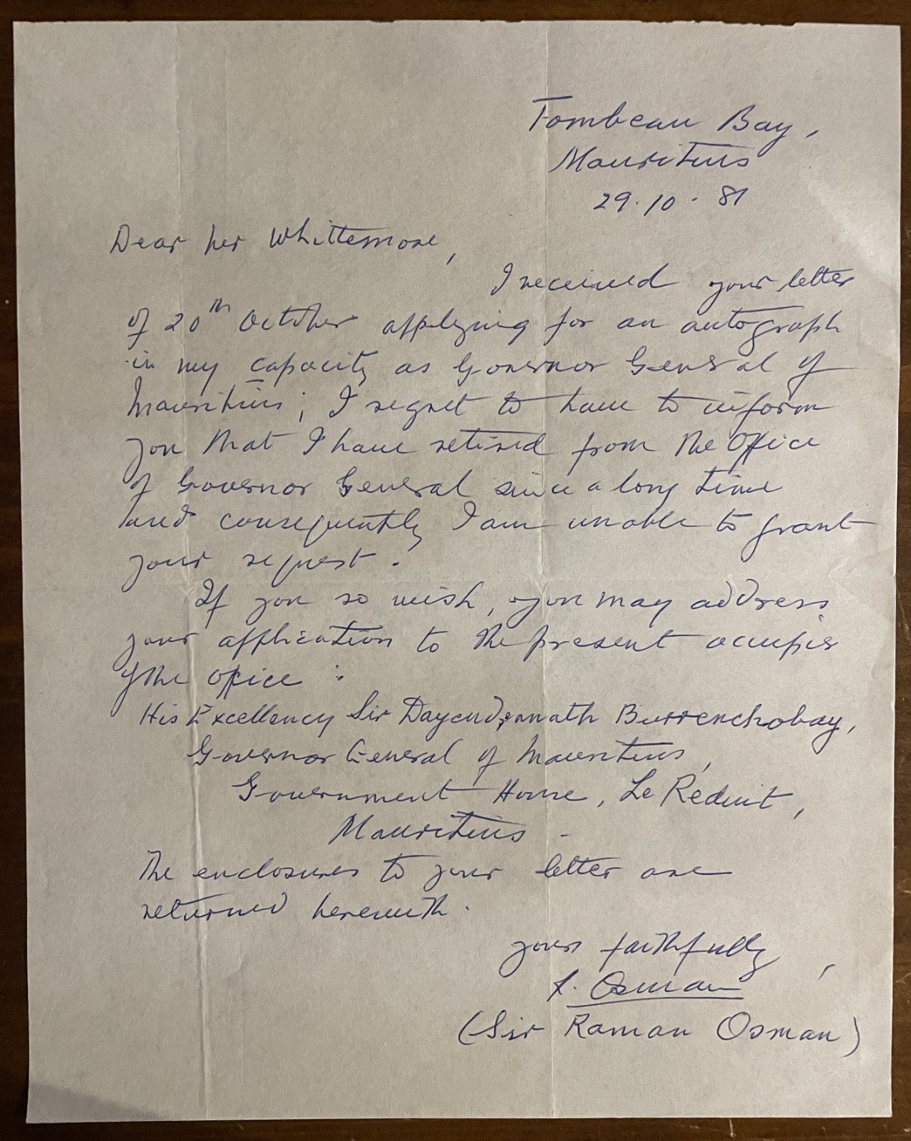 Sir Abdool Raman Mahomed Osman Handwritten & Signed Letter Mauritian history