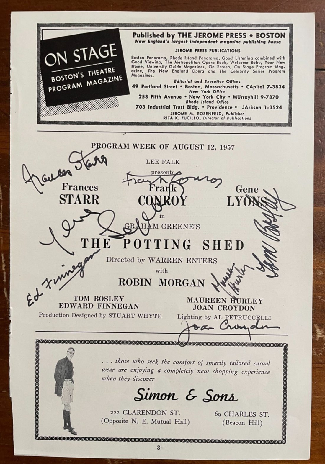 Playbill Page The Potting Shed by Gene Lyons, Tom Bosley, Frances Starr + 4