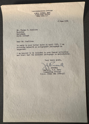 Capt. J.S. Russell Signed 1951 USS Coral Sea CVB-43 Navy Letter on Letterhead